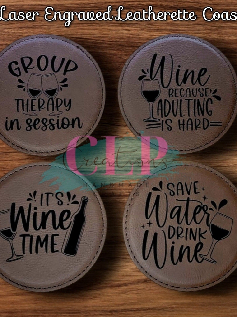 Handmade Laser Engraved Brown Leatherette Wine Coaster Set